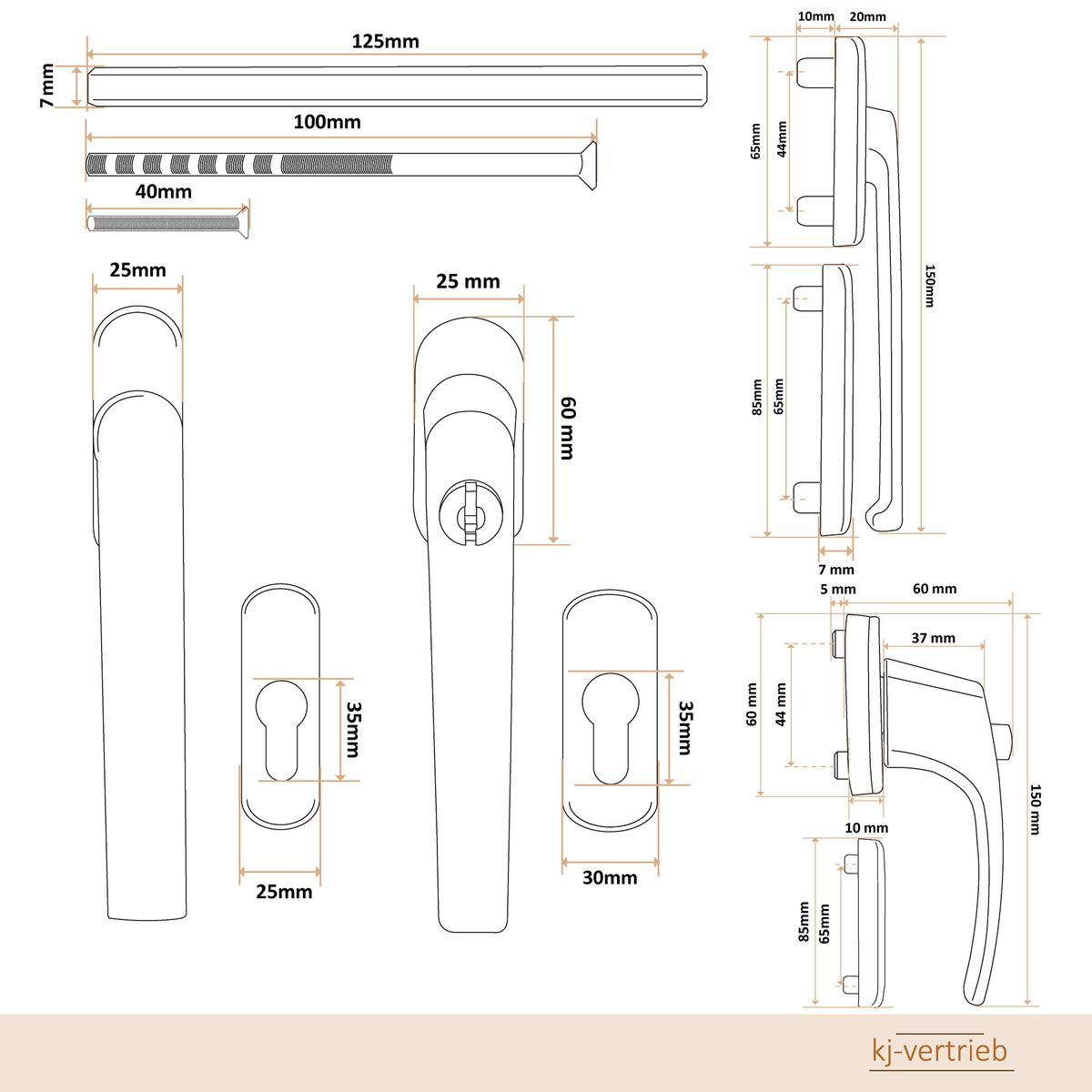 Alu Terrassentürgriff Paar mit Flachgriff für Rollladen - abschließbar